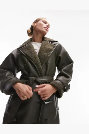 Topshop Faux leather bonded borg trench coat in olive