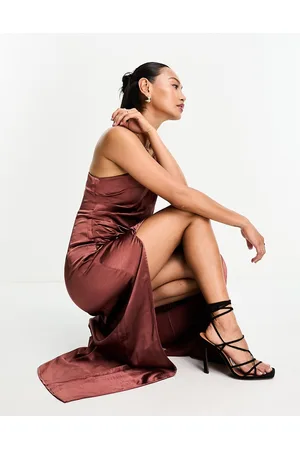 Pretty Lavish Amelia ruched one shoulder satin maxi dress in deep