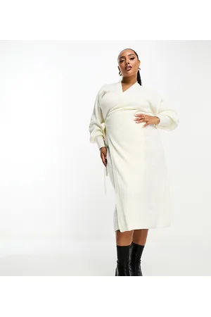 In The Style Exclusive knitted wrap maxi jumper dress in cream