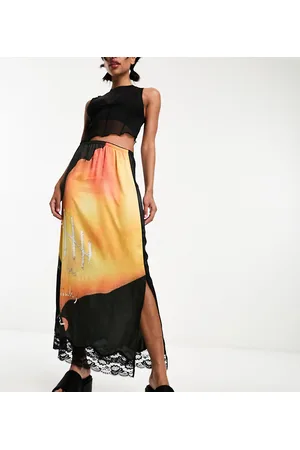COLLUSION Satin maxi slip skirt with lace hem in print