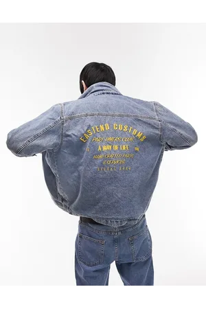 Topman Borg collar denim jacket with embroidery in mid wash