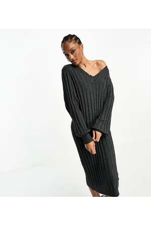 Object V neck knitted ribbed jumper dress in dark