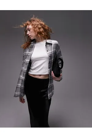 Topshop Relaxed long sleeve oversized check shirt in and white