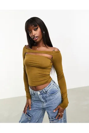 ASOS Bardot long sleeve cut out top in olive