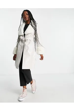 Miss Selfridge Faux fur trim cuff and collar faux leather belted coat
