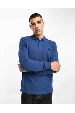 Fred Perry Plain long sleeve polo shirt in midnight