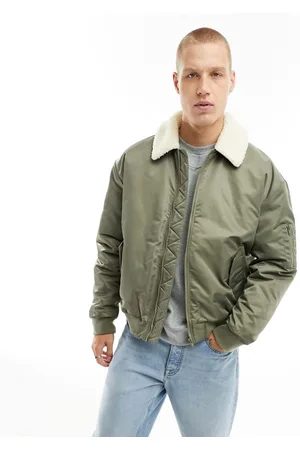 ASOS Oversized bomber jacket in khaki with borg collar in ecru