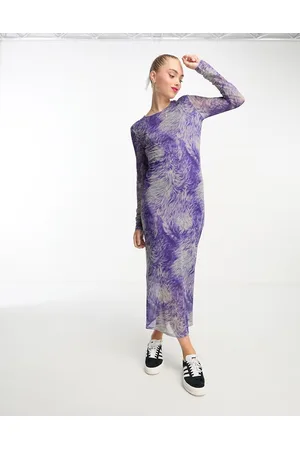 Monki Mesh midi dress in purple and green swirl print
