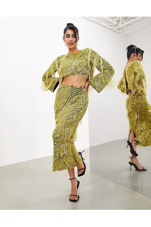 ASOS Beaded fringe and pearl midi skirt in black and yellow