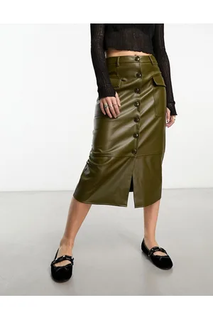 ONLY Faux leather button down cargo midi skirt in khaki