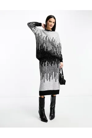 Y.A.S Sparkly ombre knitted midi skirt co-ord in silver and