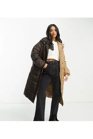 VILA Spliced longline padded coat in brown and beige