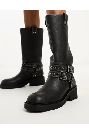 Bershka Buckle detail calf length boots in