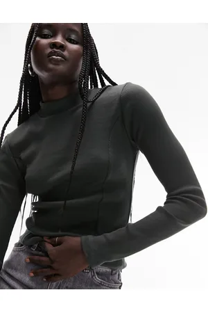 Topshop Long sleeve funnel neck top in dark