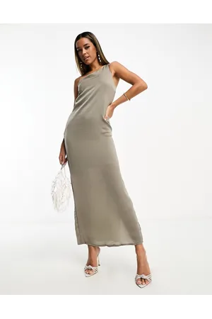 SNDYS One shoulder satin maxi dress in olive