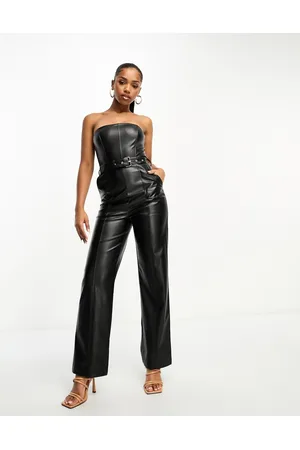 Miss Selfridge Faux leather bandeau belted jumpsuit in