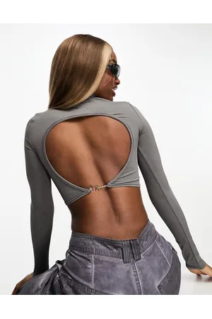 Sixth June Long sleeve high neck crop top with open back in