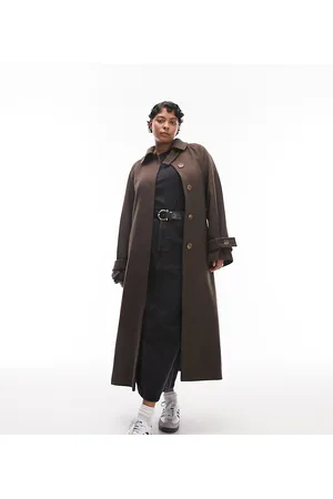 Topshop Curve long-lined belted brushed trench coat in chocolate