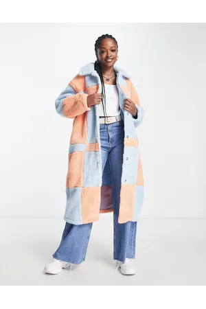 Native Youth Oversized longline coat in checkerboard shearling