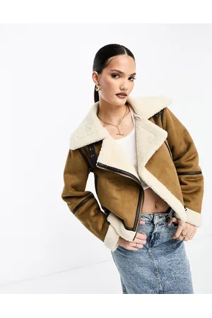 Stradivarius Cropped aviator jacket with contrast piping in tan