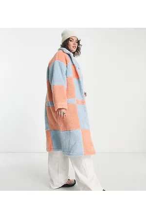 Native Youth Oversized longline coat in checkerboard shearling