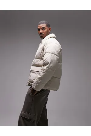 Topman Puffer jacket with borg collar in stone