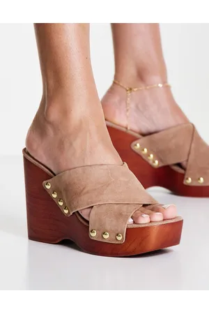 Steve Madden Emiko platform cross strap wedges in taupe suede