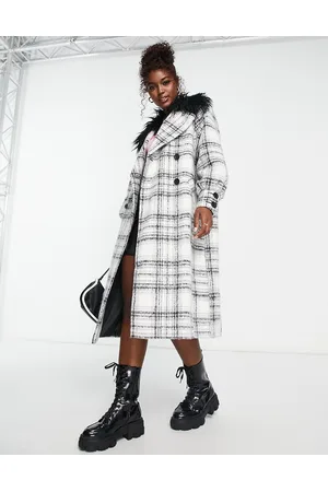 Miss Selfridge Check mongolian faux fur collar long coat in mono