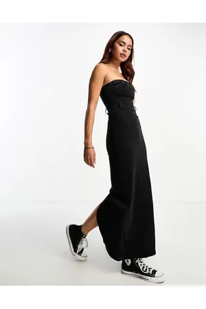 Pull&Bear Bandeau denim maxi dress with split detail in