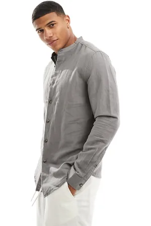 ASOS Regular shirt in linen with grandad collar in charcoal
