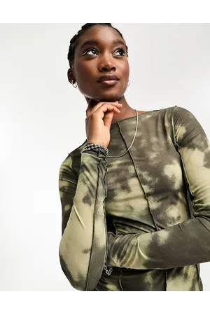 Weekday Turn printed long sleeve top with exposed seam detail in khaki