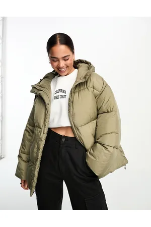 Monki Hooded puffer jacket in khaki