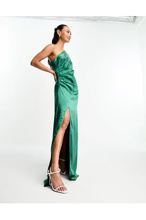 Pretty Lavish Amelia ruched one shoulder satin maxi dress in emerald