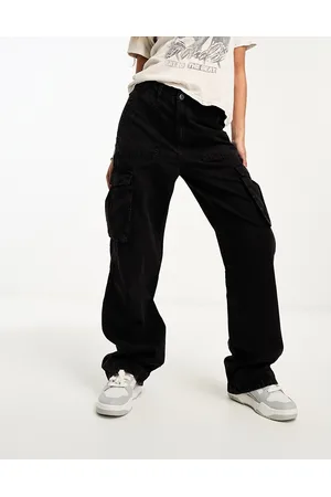 Bershka Adjustable waist straight leg cargo trousers in washed black
