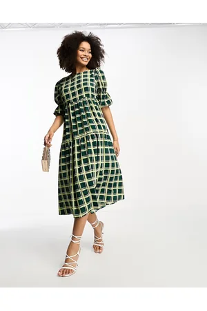 Glamorous Tiered puff sleeve tie back midi dress in check