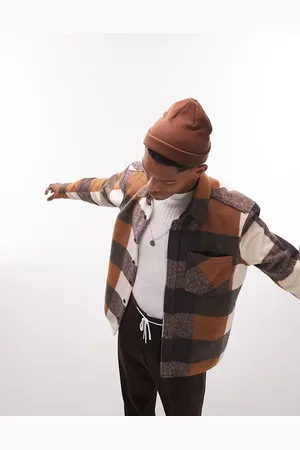 Topman Long sleeve regular brushed buffalo check overshirt in chocolate