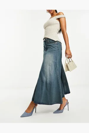 Glamorous Pleated a-line midi skirt in vintage wash denim