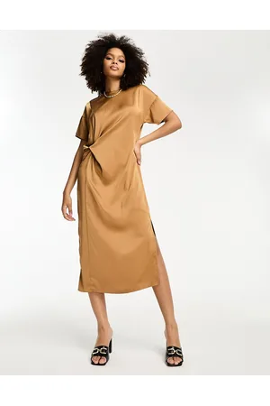 River Island Knot detail satin midi dress in beige