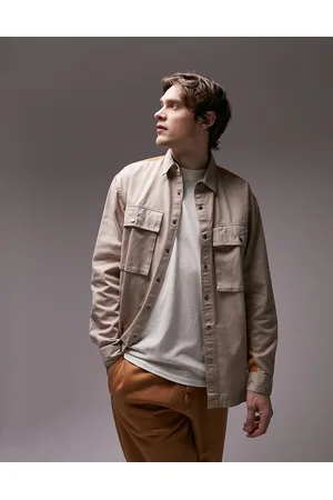 Topman Long sleeve relaxed twill shirt with nylon colour block in stone and orange