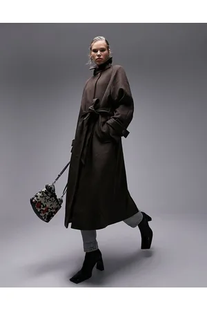 Topshop Long-lined belted brushed trench coat in chocolate
