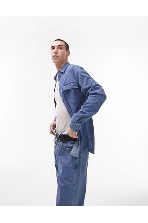 Topman Long sleeve stretch denim shirt in mid wash