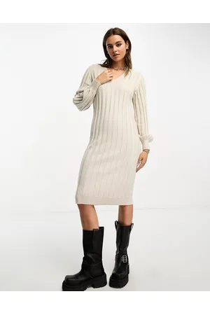 Object V neck knitted ribbed jumper dress in soft stone