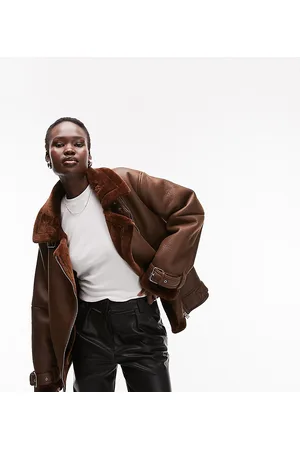 Topshop Faux leather shearling aviator biker jacket in chocolate