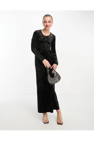 Monki Crushed velvet long sleeve maxi dress in