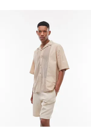 Topman Short sleeve relaxed revere woven panel shirt in stone
