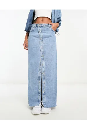 MANGO Asymmetric button up detail midi denim skirt in light