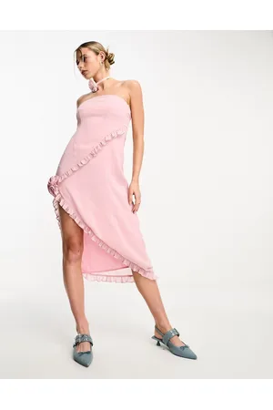 Motel Corsage detail asymmetric bandeau mini dress in baby