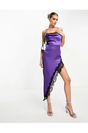 NaaNaa Satin cowl neck midi dress with asymmetric lace hem in