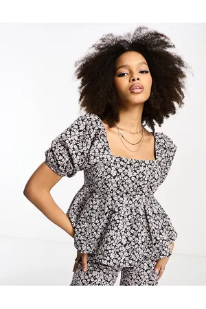 Glamorous Puff sleeve smock top in pink jacquard co-ord