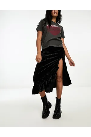 Monki Crushed velvet midi side split ruffle detail skirt in